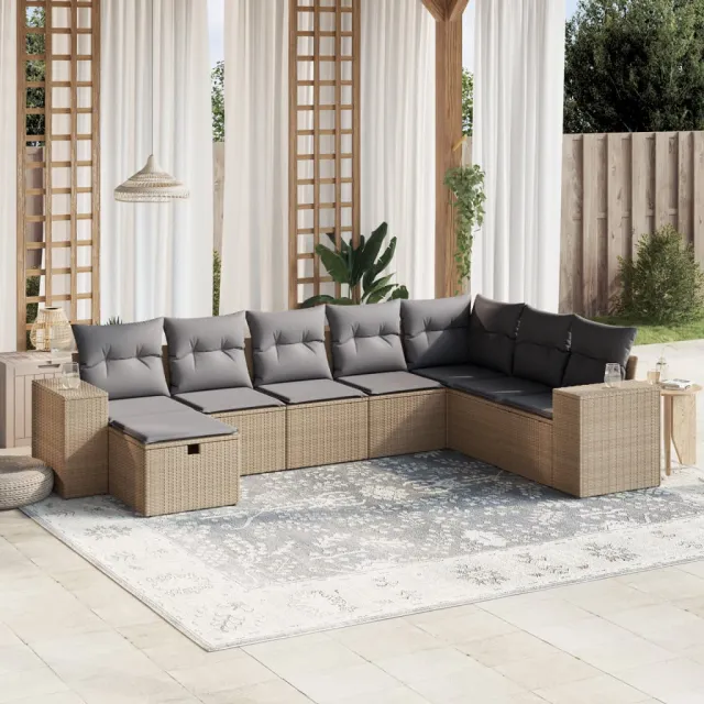 vidaXL 8-delige Loungeset met kussens poly rattan gemengd beige, foto 2