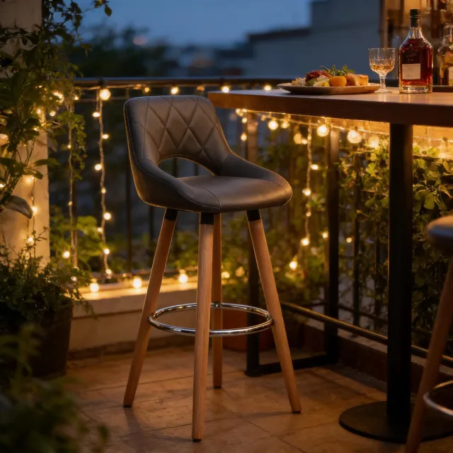 DESMIU Barkruk 96 Cm - Met Rugleuning, Voetsteun En Houten Poten - Voor Keuken, Bar En Horeca - Kunstleer - Grijs