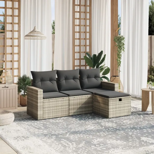 vidaXL 4-delige Loungeset met kussens poly rattan lichtgrijs grijs, foto 2