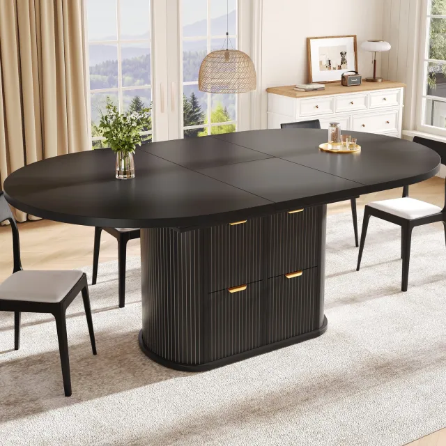 STILVORA Eettafel - Uitschuifbaar met 2 Lades en Opbergruimte - Voor 4 tot 6 Personen - MDF en Metaal - 118 of 158 x 118 x 76,8 cm - Zwart