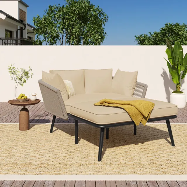 FloraGrace Tuinligbed - 2-Zits Loungeset Met Kussens - Voor Balkon, Terras En Tuin - Polyester En Staal - Khaki