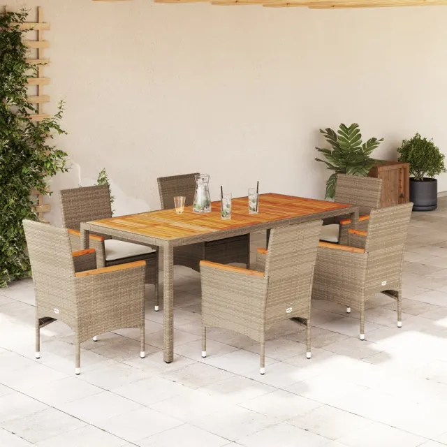 vidaXL 7-delige Tuinset met kussens poly rattan en acaciahout beige, foto 2