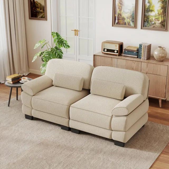 Wishdor 2-zitsbank - Modulair ontwerp met diepe zitting - Zachte ribstof en lendenkussen - Afneembare armleuningen en losse zitmodules - Voor woonkamer en appartement - Beige - 194 x 88,5 x 94 cm