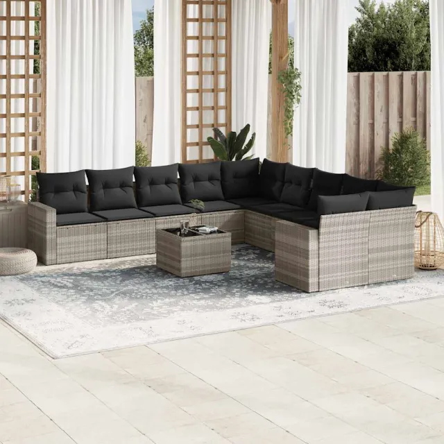 vidaXL 11-delige Loungeset met kussens poly rattan lichtgrijs grijs, foto 2