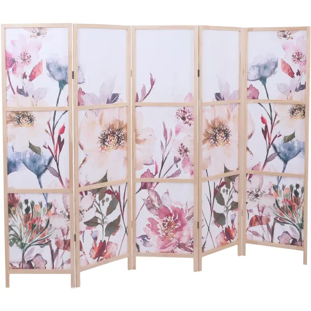 MCW Paravent MCW-O70, scheidingswand, zichtbescherming, ruimteverdeling, natuurmotieven, hout, MVG, polyethyleen, 170 x 227 cm ~ bloemen