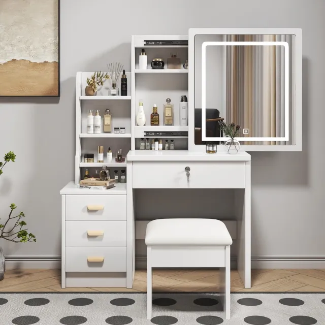 Sweiko Kaptafel - Met kruk - LED-spiegel - Opbergplank - 4 lades - Wit