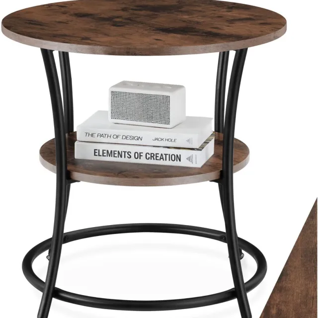 Tectake Ronde Bijzettafel – Salontafel met 2 Planken, Industrieel Design, Nachtkastje van Hout, Ø55x56 cm, Voor Woonkamer, Slaapkamer, Kantoor, Zwart Metalen Frame – Industrial Dark Brown Donkerbruin - Rustiek