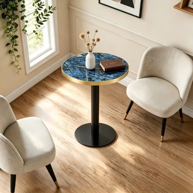 STILVORA Bijzettafel - Rond Met Marmerlook En Gouden Rand - Voor Woonkamer Slaapkamer Of Balkon - MDF En Metaal - Blauw - 60x60x73,7 Cm