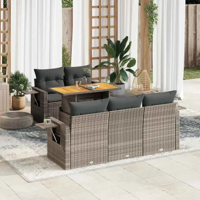 vidaXL 6-delige Loungeset met kussens poly rattan grijs, foto 2