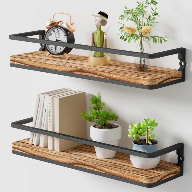 Famanu Set van 2 zwevende planken, wandplank van 42 cm, houten planken voor badkamer, slaapkamer, keuken en kantoor Naturel