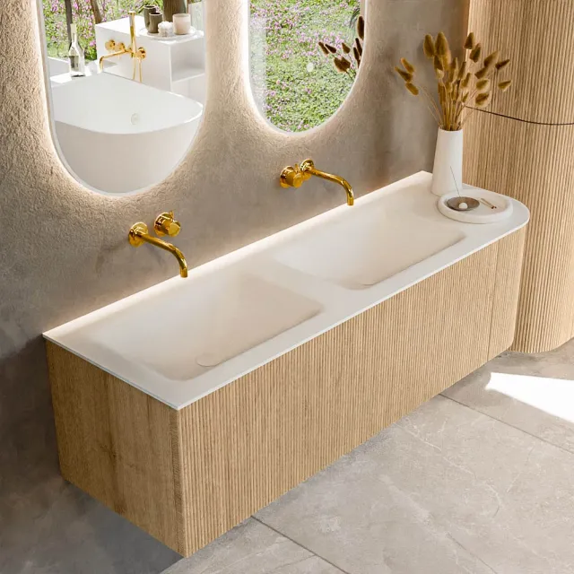 Mondiaz KURVE 145 cm Onderkast Greeploos 1 Lade Met Deuren Oak, Wastafel Solid Surface Links Talc 0 Kraangaten Zonder Spiegel (KRVCLO145R1L1D0KD-Oak/Tal)