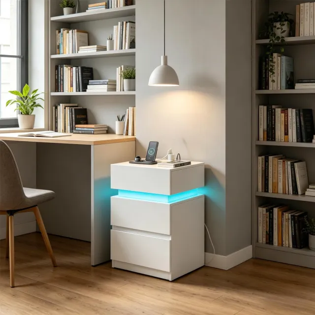 CHICFURN Nachtkastje - LED-verlichting - 2 lades - Wit
