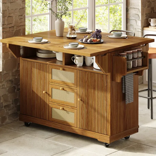 MODFU Keuken Eiland - Opklapbaar - Serveerwagen - 95 Cm - PE-Rattan - Donkerbruin