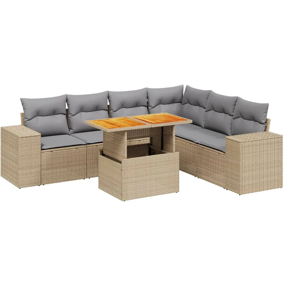 vidaXL 7-delige Loungeset met kussens poly rattan beige, foto 3