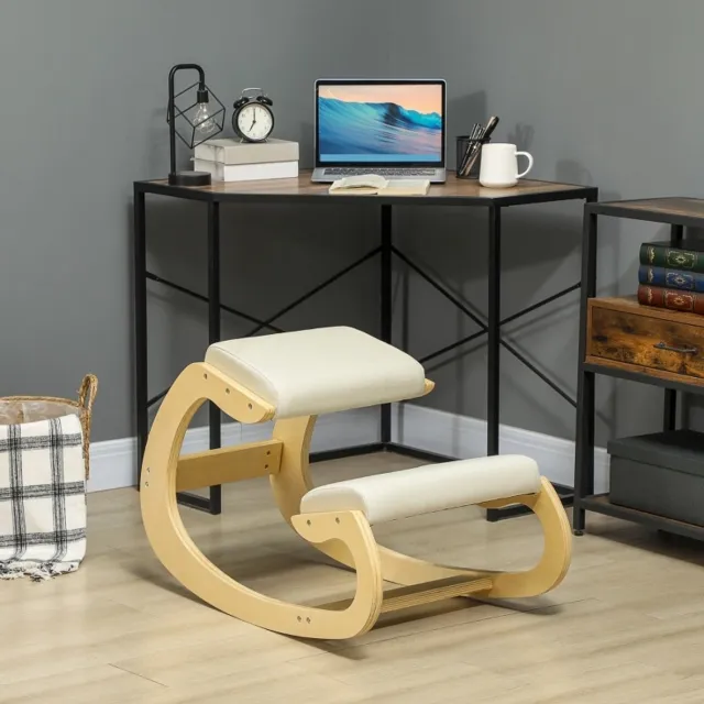 MEUNIQ ergonomische kniekruk schommelend 55 x 85 x 55 cm zonder armleuningen van berkenhout voor homeoffice, schrijfplek of meditatie Crème Crèmewit