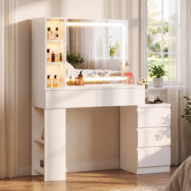 Devoko Kaptafel 127 x 40 x 138 cm - Matte Structuurafwerking - Verlichte Vitrinekast, LED-Spiegel met 3 Lichtkleuren, 2 Stopcontacten, USB en USB-C - Wit