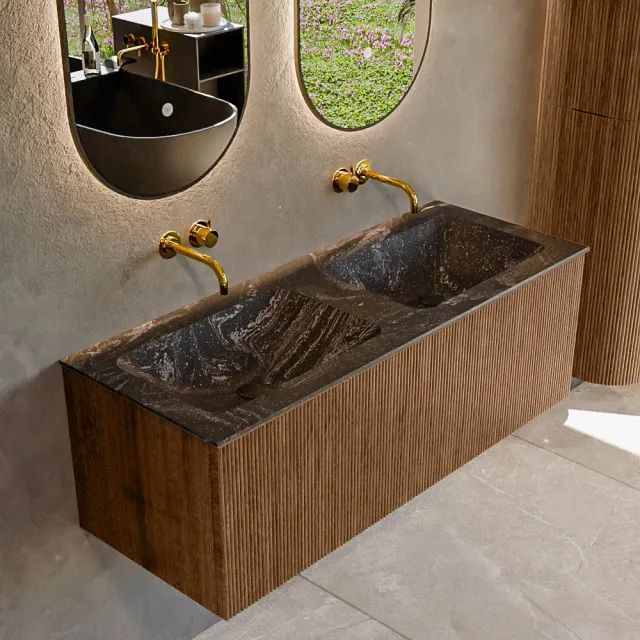 Mondiaz KURVE-DLUX 120 cm Onderkast Greeploos 1 Lade Zonder Deuren Walnut, Wastafel Solid Surface Dubbel Lava 0 Kraangaten Zonder Spiegel (KRVLEA1201L0D0KD-Wal/Lav)