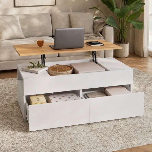 Maisentiel Salontafel met verstelbaar tafelblad en 2 lades - 100 x 50 x 40 cm - wit en houtkleur