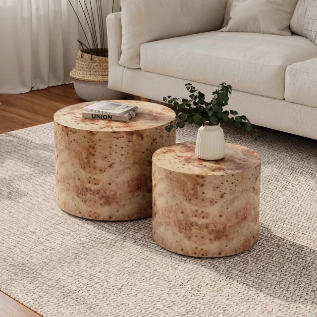 OKWISH Salontafel Set - Nesttafels Rond - 2-delig - Voor Woonkamer Slaapkamer of Kantoor - Houtlook Naturel - 48 x 38 cm Naturel Hout