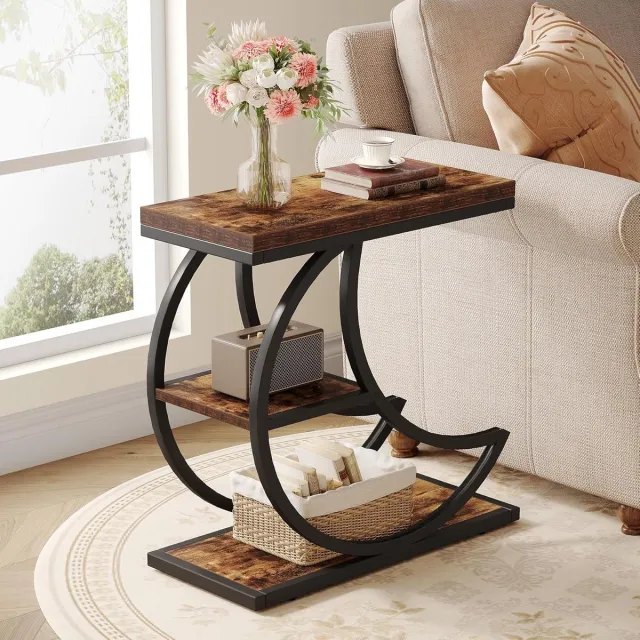 Tribesigns Bijzettafel - Industriële Bijzettafel met 3 Niveaus en Opbergruimte - Sidetable - Salontafel met Halvemaanvormig Metalen Frame voor Woonkamer, Slaapkamer - 60×30×60 cm - Bruin
