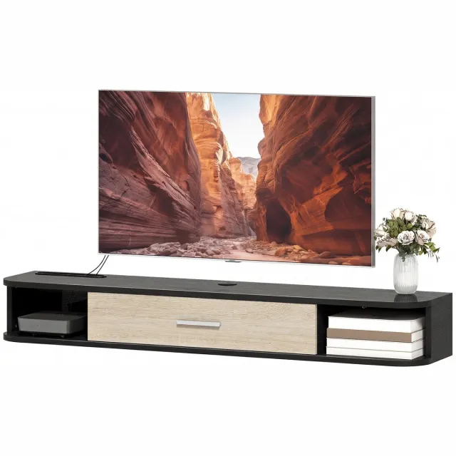 ECTEATOY Zwevend TV-Meubel 120 cm - TV-Kast tot 50 Inch - Met Klepdeur, 2 Open Vakken en Kabelbeheer - Zwart