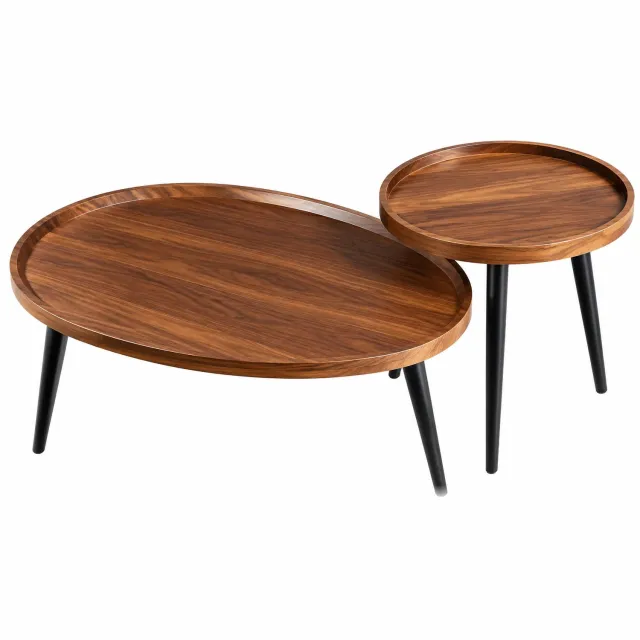 VILIMA Salontafels - Salontafel set - 2 stuks - Bijzettafels - Organische en ronde vorm - 80 cm en 40 cm lang - Walnoot bruin