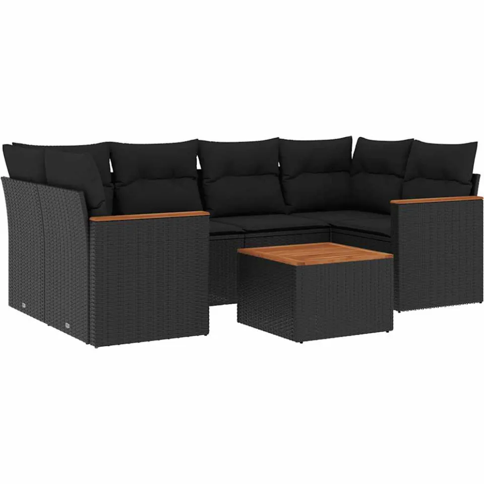 vidaXL 7-delige Loungeset met kussens poly rattan zwart