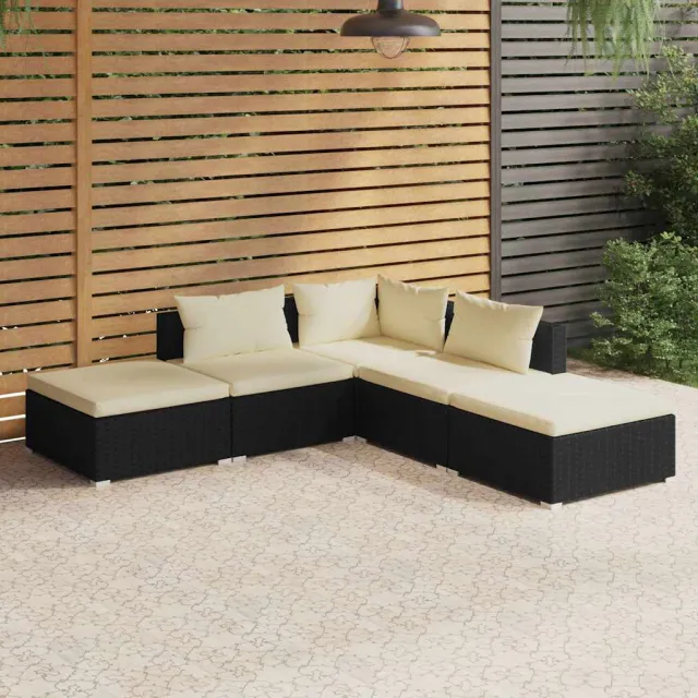 vidaXL 5-delige Loungeset met kussens poly rattan zwart, foto 2