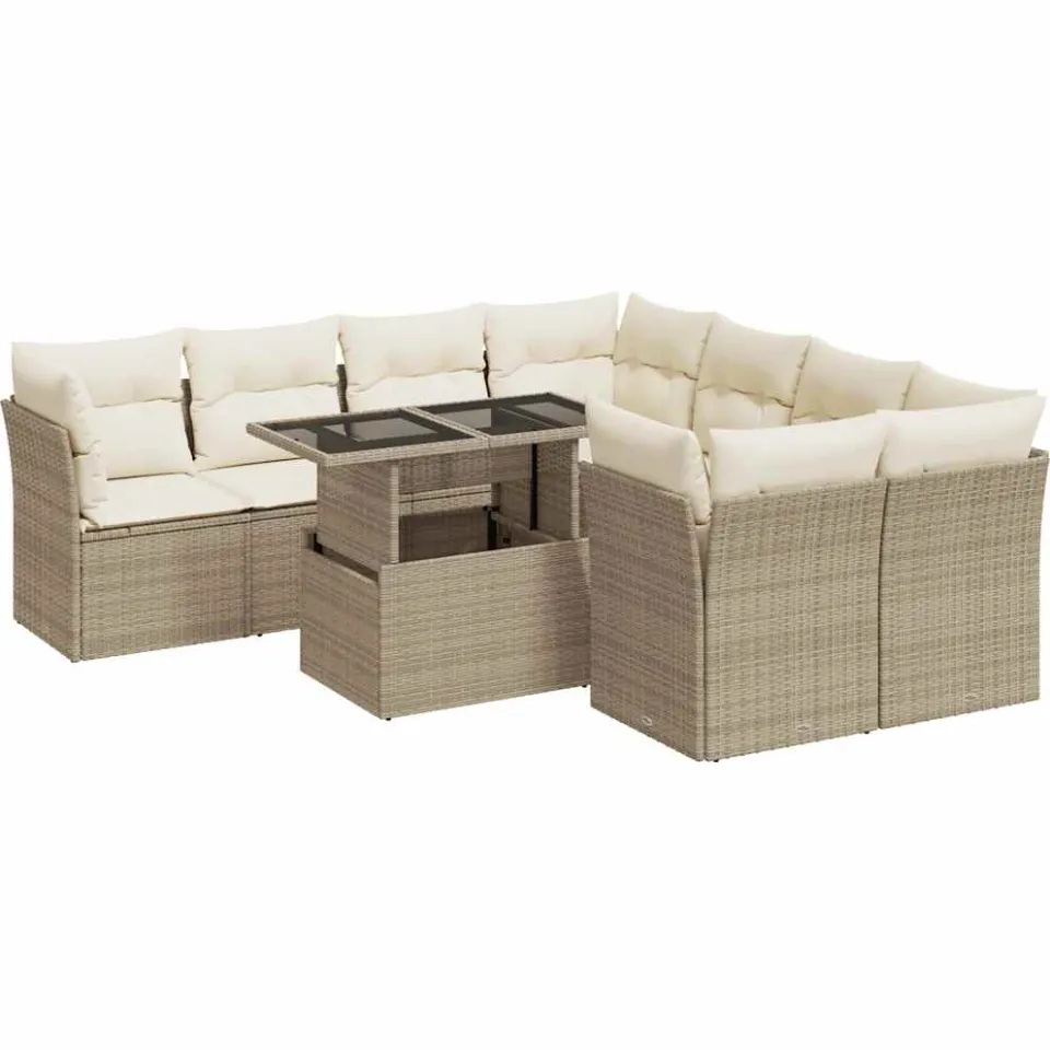 vidaXL 9-delige Loungeset met kussens poly rattan beige, foto 3