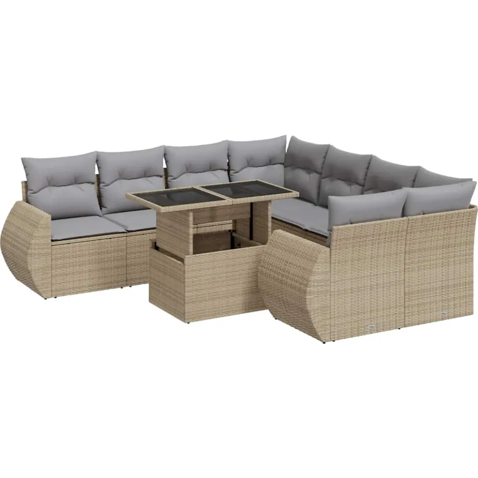 vidaXL 9-delige Loungeset met kussens poly rattan beige, foto 3