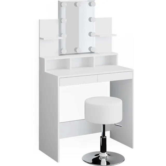 Vicco Kaptafel set met kruk Ania, Wit, 80 cm met spiegel, LED-lichtslinger en kruk
