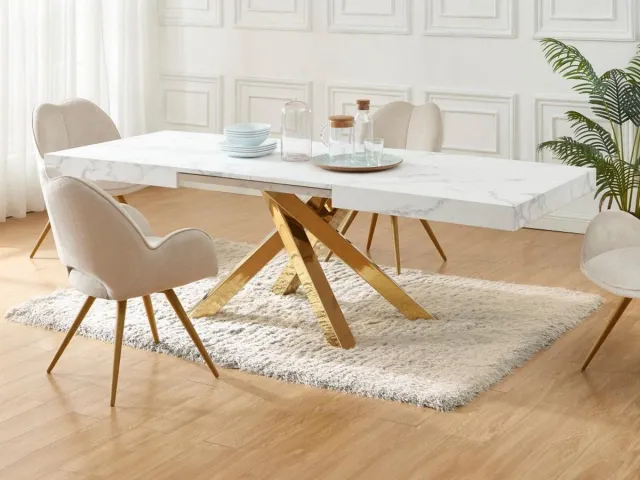 Vente-unique Verlengbare eettafel 6 tot 10 personen van MDF en metaal - Wit marmereffect en goud - CATONAV