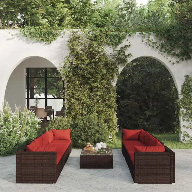 vidaXL 9-delige Loungeset met kussens poly rattan bruin, foto 2
