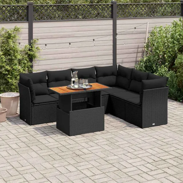 vidaXL 7-delige Loungeset met kussens poly rattan zwart, foto 2