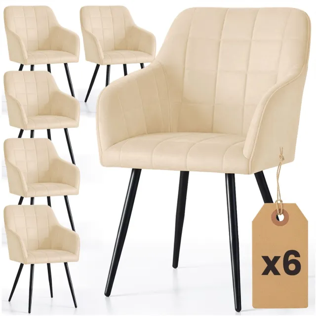 Akord Set van 6 Eetkamerstoelen LUXANO met Armleuningen / Gestoffeerde Stoelen / Fluwelen Stoelen en Metalen Poten / Beige met zwarte benen
