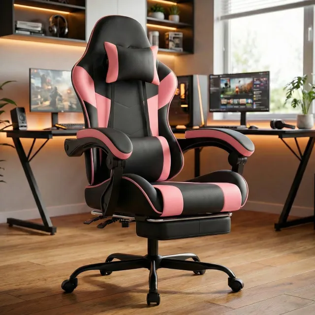 Maisentiel Gamingstoel zwart-roze met verstelbare zithoogte, kantelbare rugleuning en voetensteun