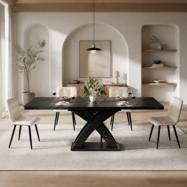 Maisentiel Uitschuifbare eettafel 120-160 x 80 x 75 cm - zwart MDF tafelblad - X-onderstel