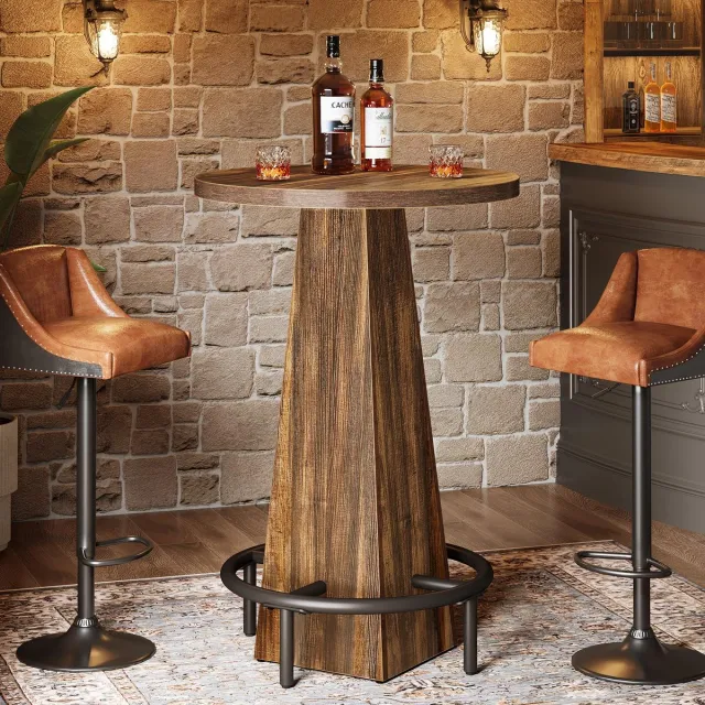 Little Trees LITTLE TREE Bistrostijl Ronde Tafel - 60 X 60 X 95 cm - Houten Cocktailtafel met Metalen Ringvoetsteun - voor Eetkamer & Café - Bruin​