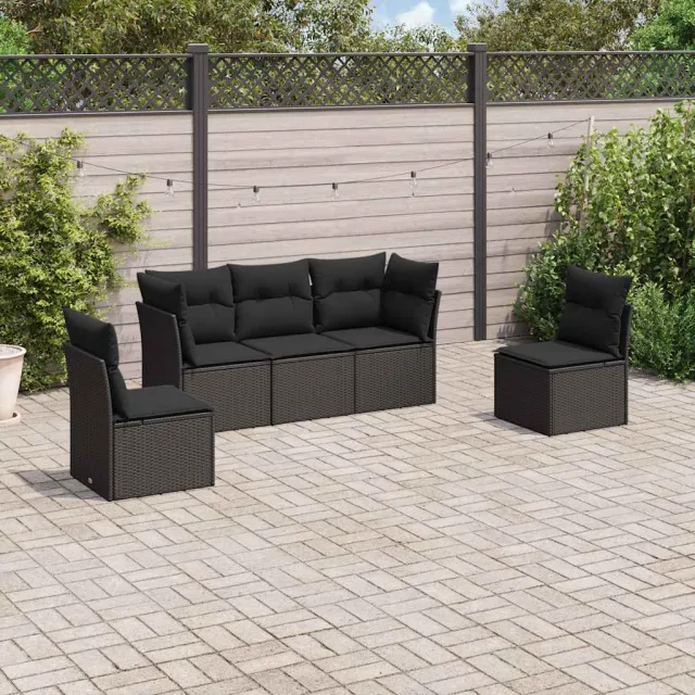vidaXL 5-delige Loungeset met kussens poly rattan zwart, foto 2