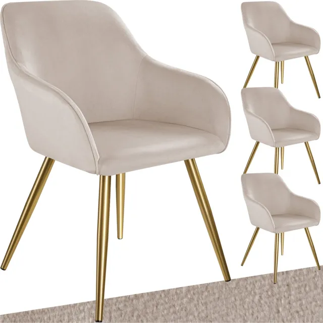 Tectake Eetkamerstoel Marilyn - Set van 4 - Met Armleuningen - Elegante Stoel met Gevoerde Zitting in Fluweellook - Gestoffeerd - Gouden metalen poten - Ergonomische Keukenstoel - Stoel voor Woonkamer, Eetkamer en Slaapkamer - Taupe taupe/goud