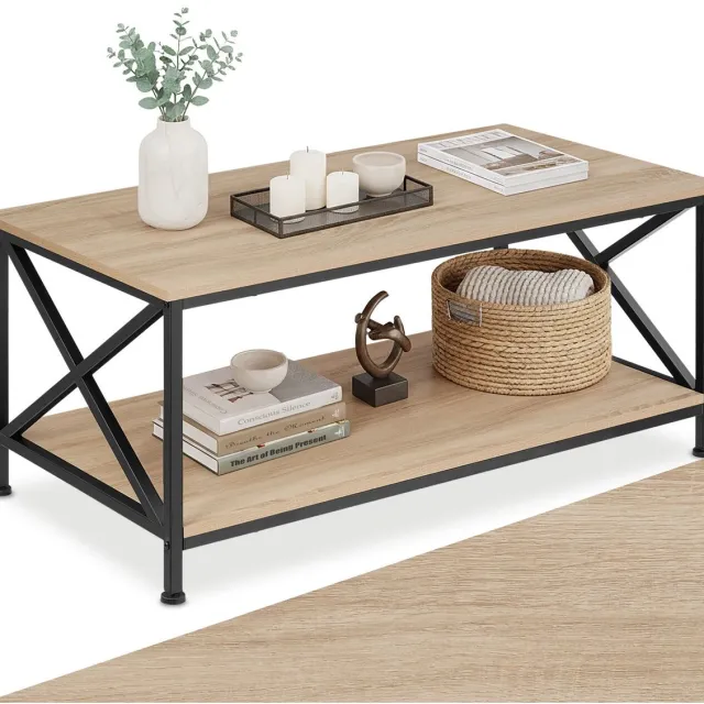 Tectake Salontafel met 2 planken - Woonkamertafel - Industrieel design - Zwart metalen frame - Afmetingen (LxBxH) 100 x 55 x 45,5 cm - Lichtbruin Lichtbruin - Eiken Sonoma