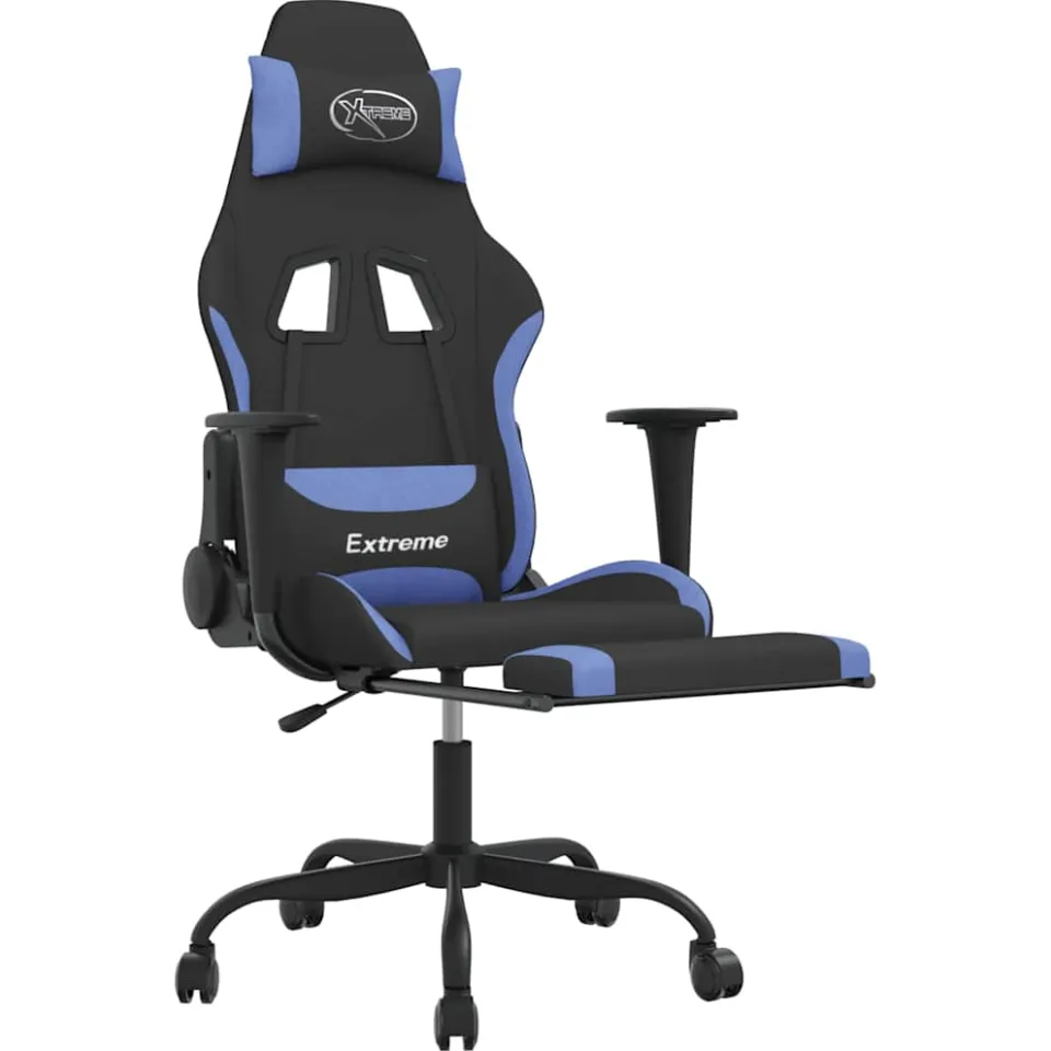 vidaXL Massage gamestoel met voetensteun stof zwart en blauw, foto 4
