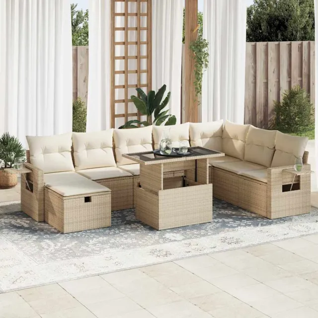 vidaXL 9-delige Loungeset met kussens poly rattan acacia beige, foto 2
