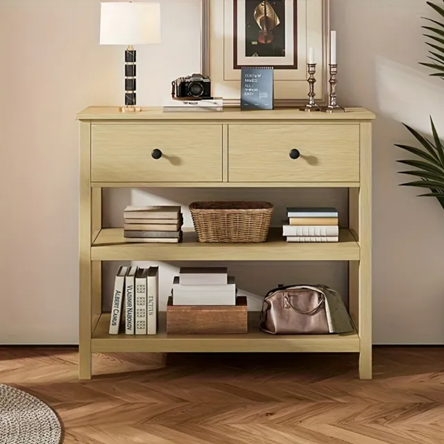 Corenia Sidetable – Consoletafel – Haltafel – Wandtafel – Bijzettafel – Natuurlijk Bamboe – Smal Design met 2 Lades en Open Planken – Duurzaam & Eenvoudig te Monteren Hetzelfde als afbeelding