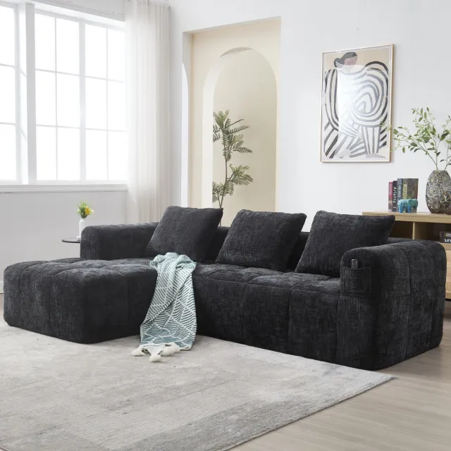 Zubaliya L-vorm bank met chaise longue en armleuningen - 3-zits chenille sofa - zwart - geen montage nodig - zijvak voor afstandsbediening - incl. 3 kussens