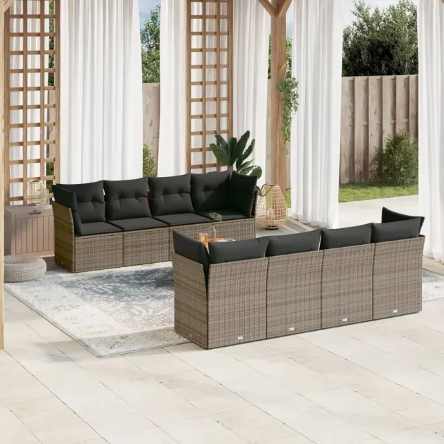 vidaXL 9-delige Loungeset met kussens poly rattan grijs, foto 2