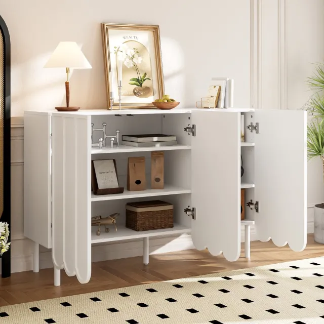 MIVRAY Dressoir - Greeploos Met Golvende Deuren En Drukmechanisme - Verstelbare Planken Voor Woonkamer En Hal - MDF - Wit - 120x35x80 Cm