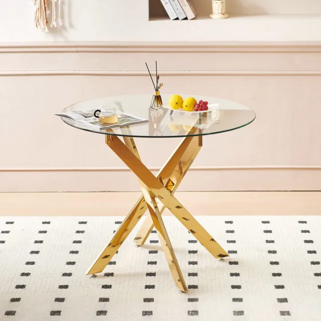 CHICFURN Eettafel 80 cm - ronde glazen tafel - kruisvormige metalen poten - keuken en eetkamer - glas en metaal - goud Goudkleurig