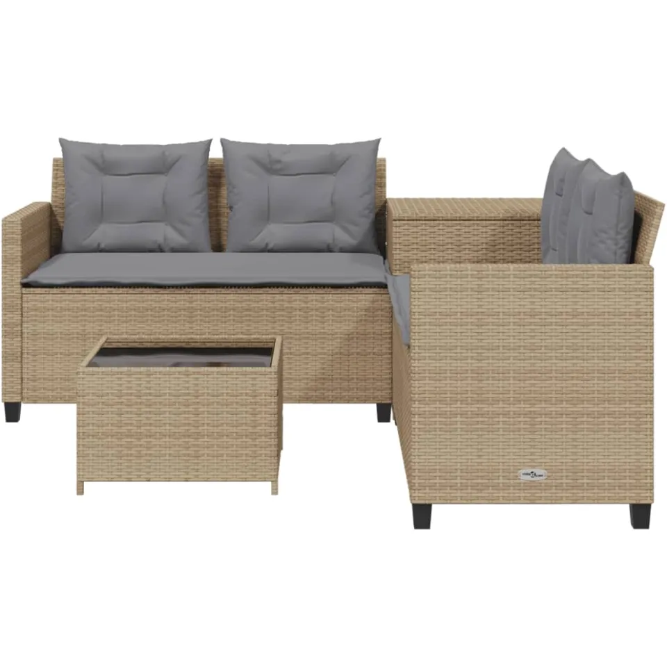 vidaXL Tuinbank met tafel en kussens L-vormig poly rattan beige, foto 3
