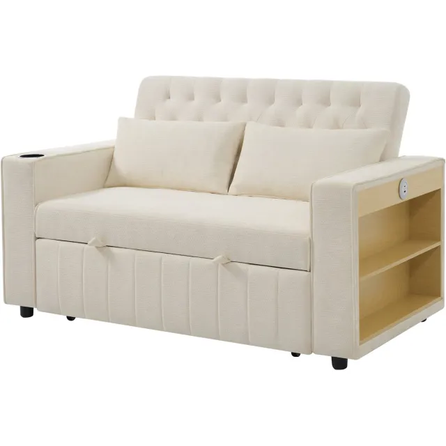 MEUBLE COSY 2-Zits Slaapbank - Chenille Met Boekenplank En USB-Aansluiting - Beige